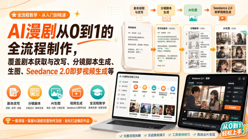 AI漫剧从0到1的全流程制作,覆盖剧本获取与改写、分镜脚本生成、角色场景生图与三视图、Seedance 2.0即梦视频生成(PDF版) AI漫剧从0到1的全流程制作,覆盖剧本获取与改写、分镜脚本生成、角色场景生图与三视图、Seedance 2.0即梦视频生成(PDF版)