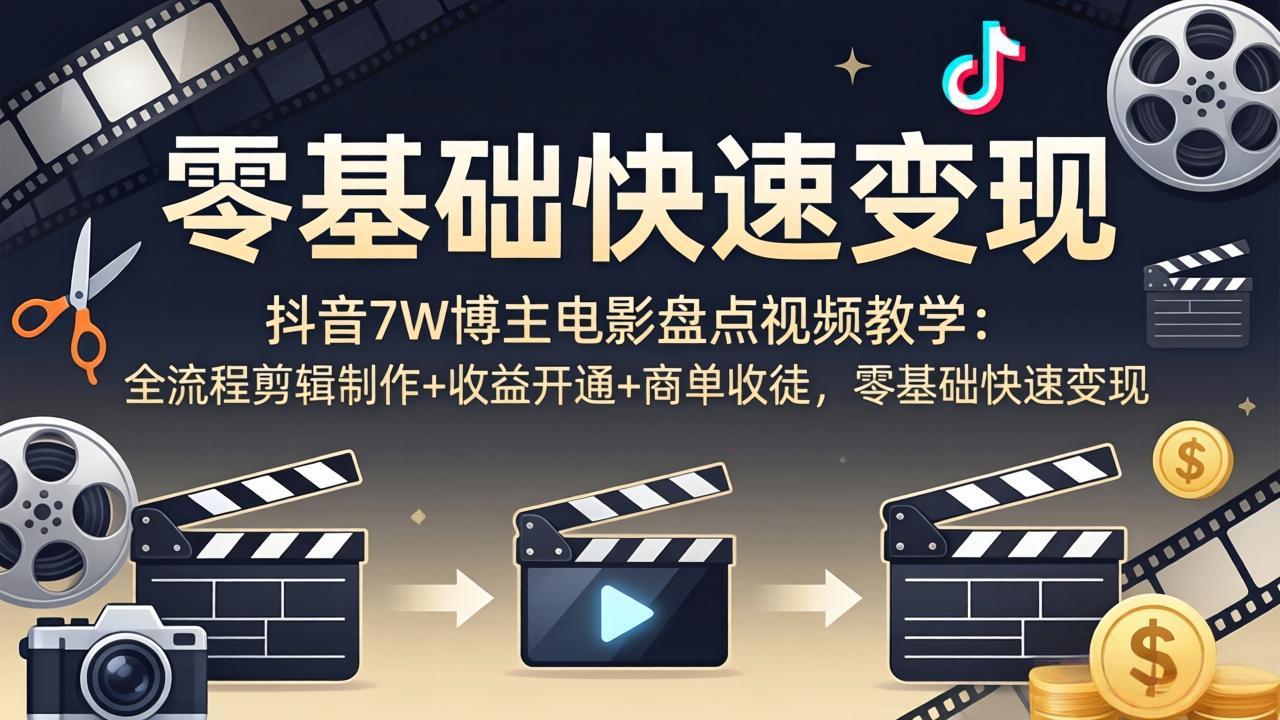 抖音7W博主电影盘点视频教学:全流程剪辑制作+收益开通+商单收徒,零基础快速变现-云途创业网