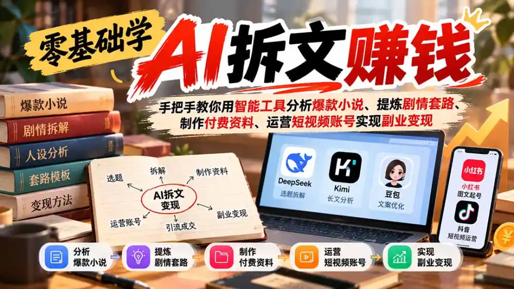 零基础学AI拆文赚钱：手把手教你用智能工具分析爆款小说、提炼剧情套路、制作付费资料、运营短视频账号实现副业变现-云途创业网