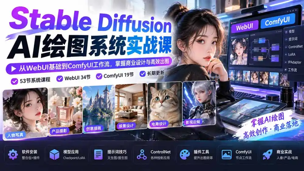 【无水印】Stable Diffusion AI绘图系统实战课：从WebUI基础到ComfyUI工作流，掌握商业设计与高效出图-云途创业网