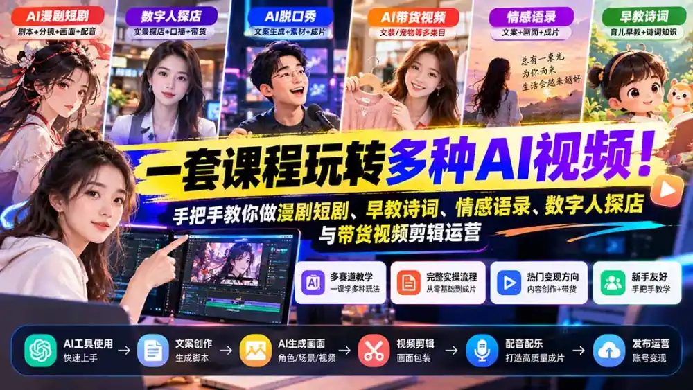 【无水印】一套课程玩转多种AI视频！手把手教你做漫剧短剧、早教诗词、情感语录、数字人探店与带货视频剪辑运营-云途创业网