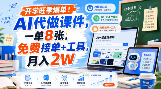开学旺季爆单！AI代做课件，一单8张，免费接单+工具，月入2W【揭秘】-云途创业网