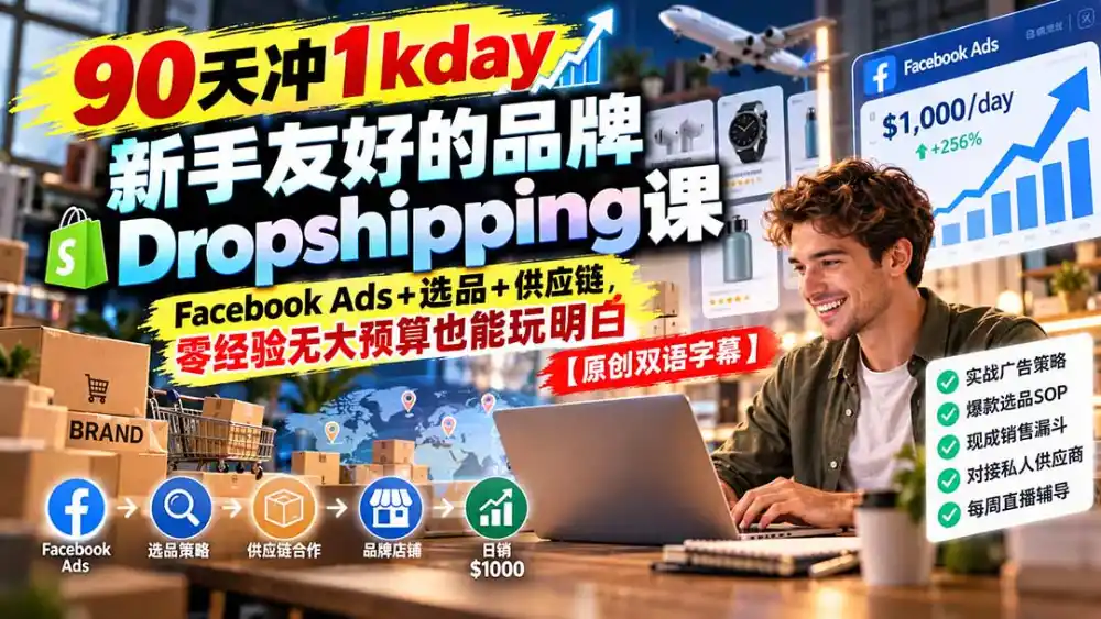 90天冲1kday 新手友好的品牌Dropshipping课：Facebook Ads+选品+供应链，零经验无大预算也能玩明白【原创双语字幕】-云途创业网