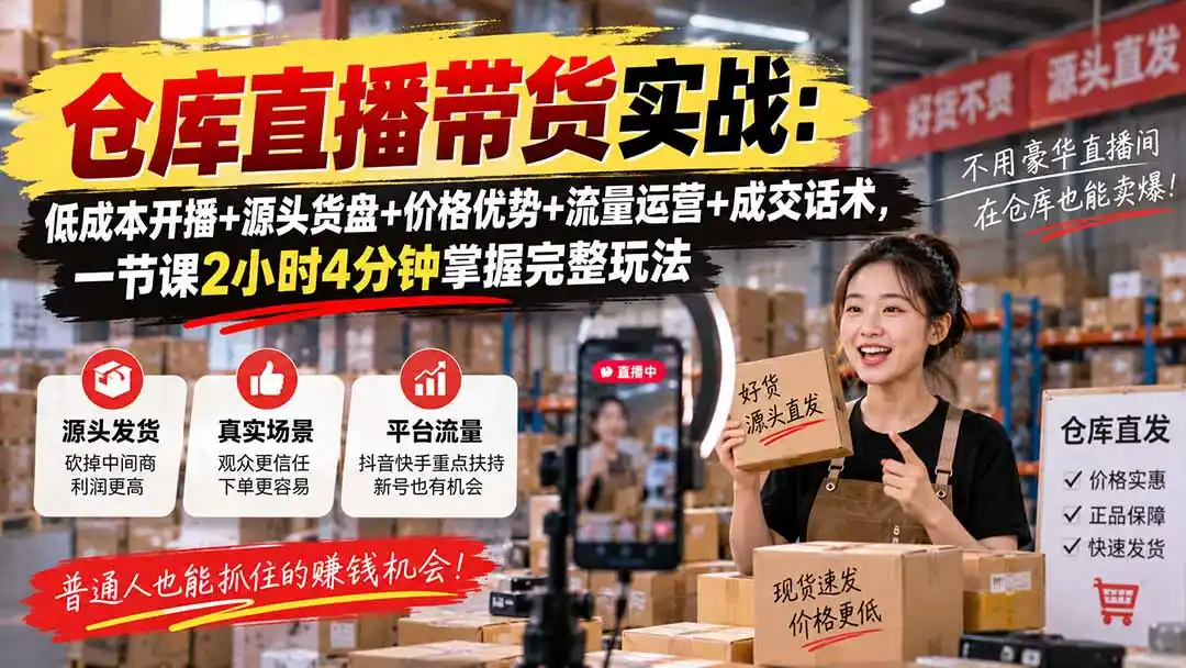 仓库直播带货实战：低成本开播+源头货盘+价格优势+流量运营+成交话术，一节课2小时4分钟掌握完整玩法-云途创业网