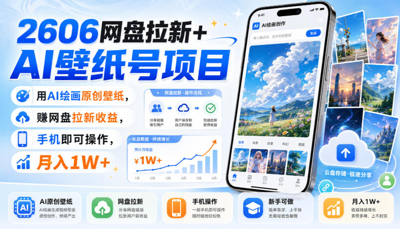2606网盘拉新+AI壁纸号项目，用AI绘画原创壁纸，賺网盘拉新收益，手机即可操作，月入1W+-云途创业网