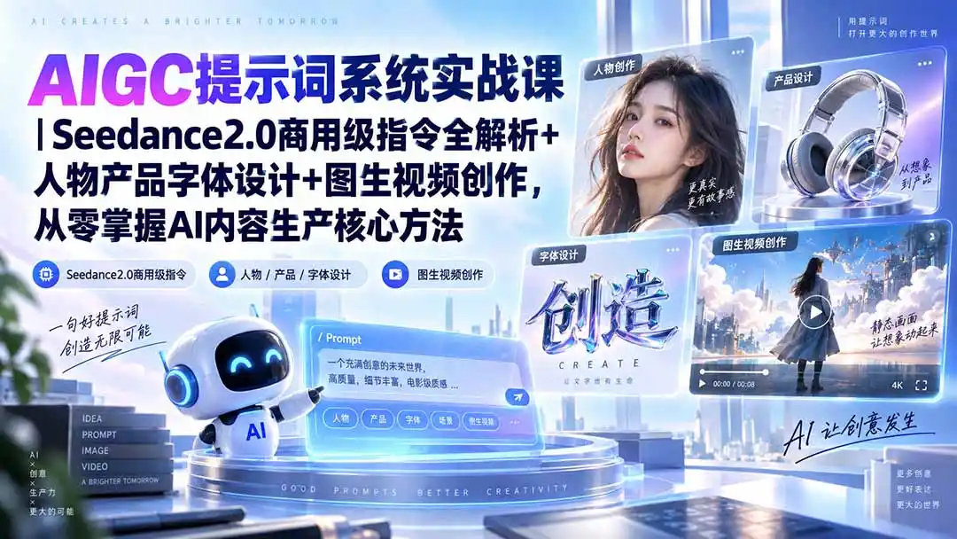 AIGC提示词系统实战课-无水印｜Seedance2.0商用级指令全解析+人物产品字体设计+图生视频创作，掌握AI内容生产方法-云途创业网