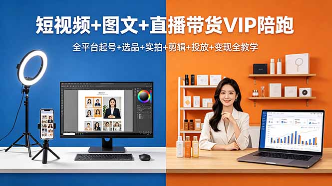 短视频+图文+直播带货VIP陪跑，全平台起号+选品+实拍+剪辑+投放+变现全教学-云途创业网