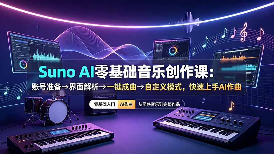 Suno AI零基础音乐创作课:账号准备→界面解析→一键成曲→自定义模式,快速上手AI作曲-云途创业网