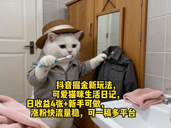 抖音掘金新玩法，可爱猫咪生活日记，日收益4张+新手可做，涨粉快流量稳，可一稿多平台-云途创业网