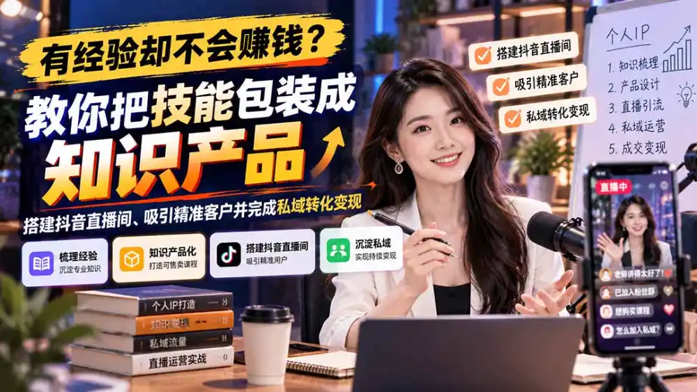 有经验却不会赚钱？教你把技能包装成知识产品，搭建抖音直播间、吸引精准客户并完成私域转化变现-云途创业网