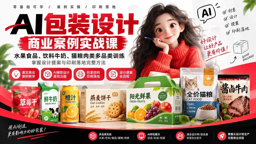 AI包装设计商业案例实战课：水果食品、饮料牛奶、猫粮肉类多品类训练，掌握设计提案与印刷落地完整方法-云途创业网