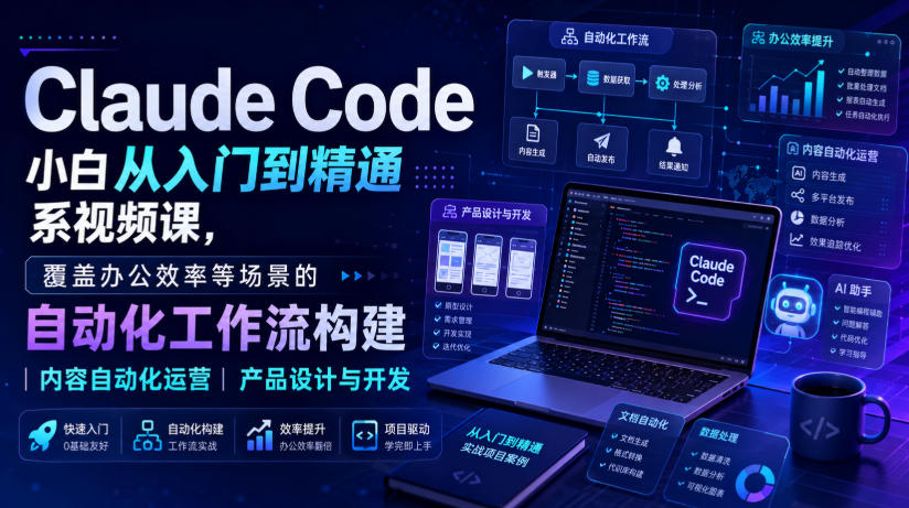 Claude Code小白从入门到精通系视频课,覆盖办公效率等场景的自动化工作流构建|内容自动化运营|产品设计与开发 Claude Code小白从入门到精通系视频课,覆盖办公效率等场景的自动化工作流构建|内容自动化运营|产品设计与开发