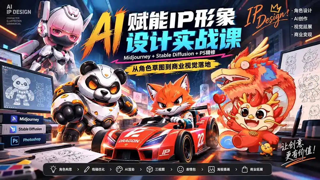 AI赋能IP形象设计实战课-无水印：Midjourney+Stable Diffusion+PS精修，从角色草图到商业视觉落地-云途创业网