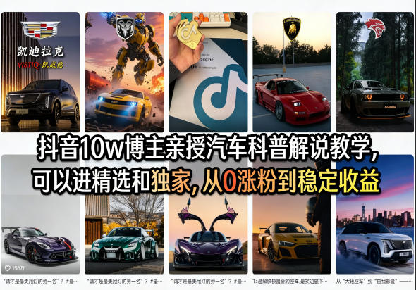 抖音10w博主亲授汽车科普解说教学,可以进精选和独家,从0涨粉到稳定收益(详细视频课程+1T素材)-云途创业网
