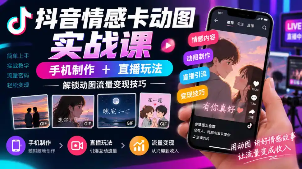 抖音情感卡动图实战课｜手机制作+直播玩法，解锁动图流量变现技巧-云途创业网