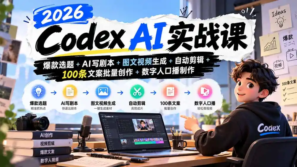 2026Codex AI实战课：爆款选题+AI写剧本+图文视频生成+自动剪辑+100条文案批量创作+数字人口播制作-云途创业网