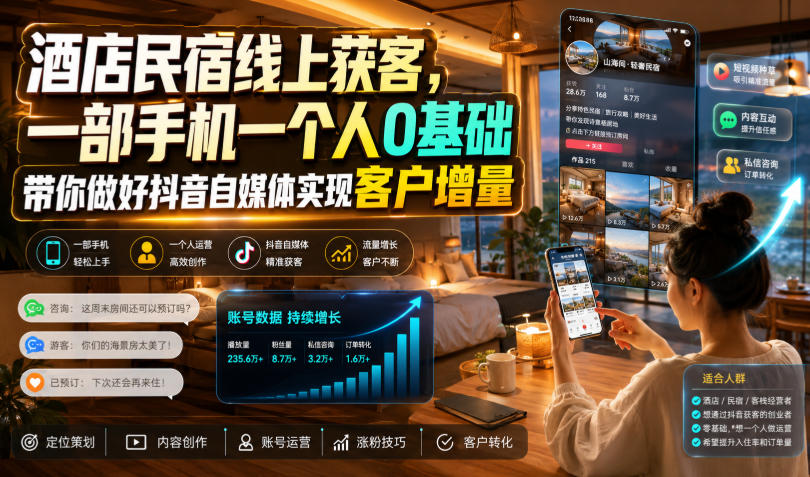 酒店民宿线上获客，一部手机一个人0基础带你做好抖音自媒体实现客户增量-云途创业网