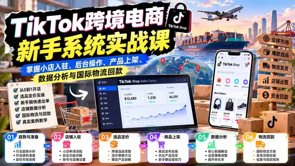 TikTok跨境电商新手系统实战课：掌握小店入驻、后台操作、产品上架、数据分析与国际物流回款-云途创业网