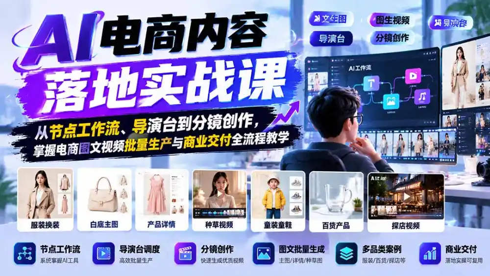 AI电商内容落地实战课:从节点工作流、导演台到分镜创作,掌握电商图文视频批量生产与商业交付全流程教学 AI电商内容落地实战课:从节点工作流、导演台到分镜创作,掌握电商图文视频批量生产与商业交付全流程教学