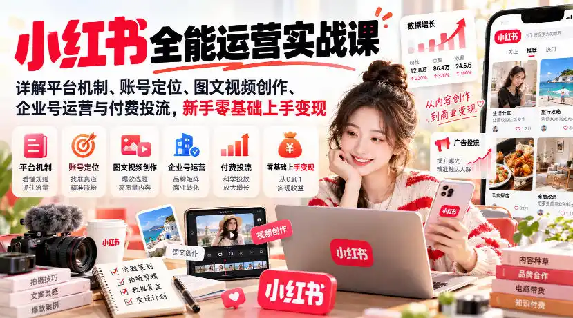 小红书全能运营实战课，详解平台机制、账号定位、图文视频创作、企业号运营与付费投流，新手零基础上手变现-云途创业网