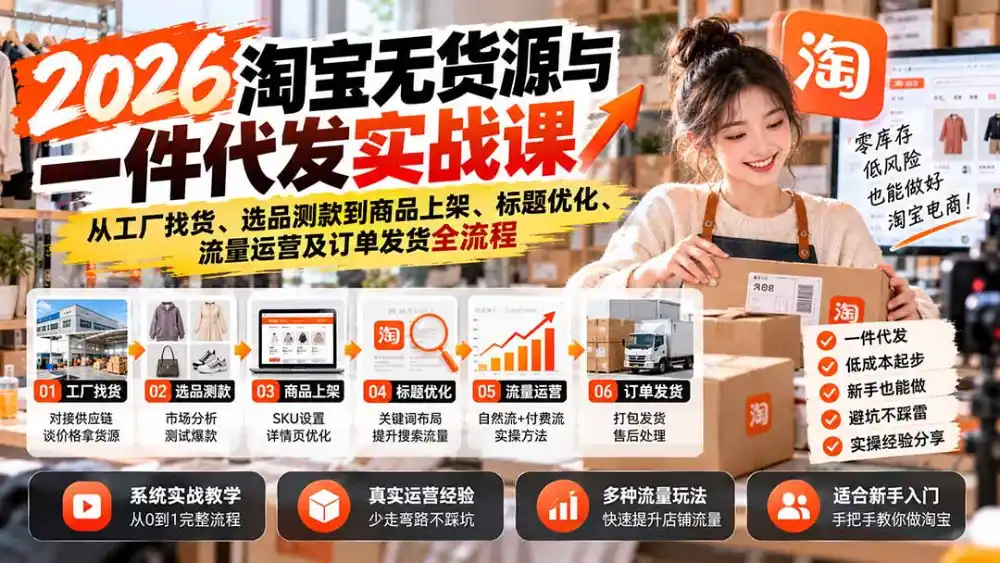 2026淘宝无货源与一件代发实战课：从工厂找货、选品测款到商品上架、标题优化、流量运营及订单发货全流程-云途创业网