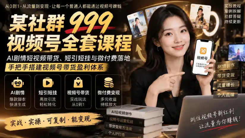 某社群999视频号全套课程，AI剧情短视频带货、短引短挂与微付费落地，手把手搭建视频号带货盈利体系-云途创业网