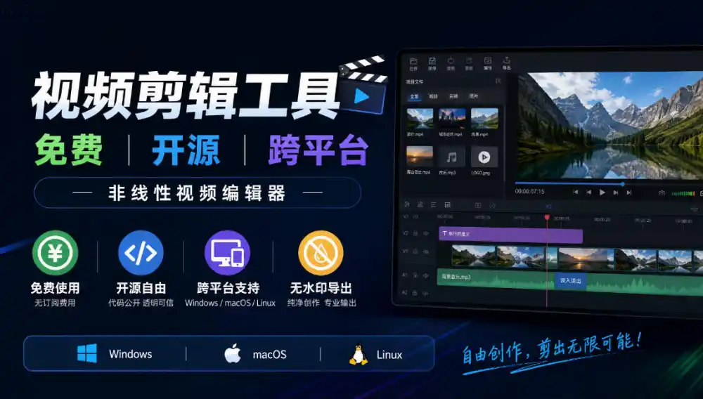 视频剪辑工具,免费、开源、跨平台,非线性视频编辑器,支持Windows、macOS、Linux,无水印、无订阅费用 视频剪辑工具,免费、开源、跨平台,非线性视频编辑器,支持Windows、macOS、Linux,无水印、无订阅费用