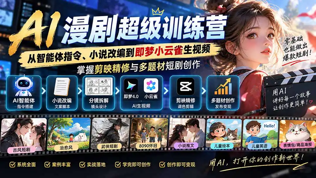 AI漫剧超级特训营：从智能体指令、小说改编到即梦小云雀生视频，掌握剪映精修与多题材短剧创作-云途创业网