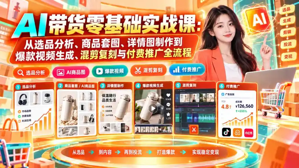 AI带货零基础实战课：从选品分析、商品套图、详情图制作到爆款视频生成、混剪复刻与付费推广全流程-云途创业网