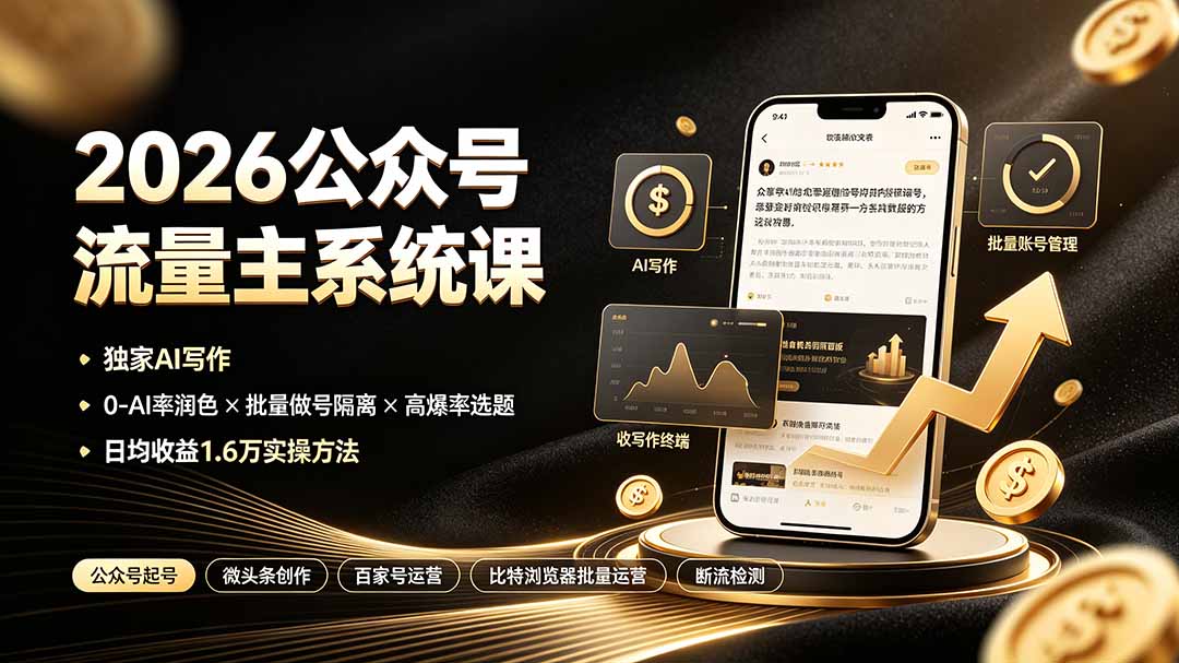 2026公众号流量主系统课：独家AI写作×0-AI率润色×批量做号隔离×高爆率选题，日均收益1.6万实操方法-云途创业网