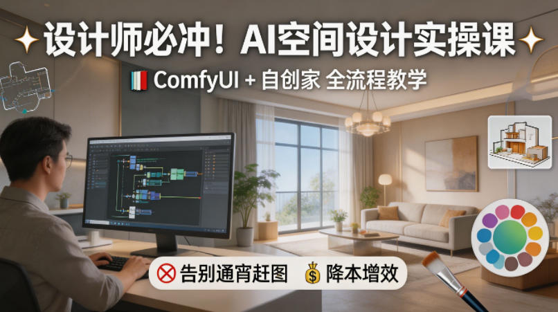 设计师必冲!AI空间设计实操课,ComfyUI+自创家全教学,告别通宵赶图,降本增效
