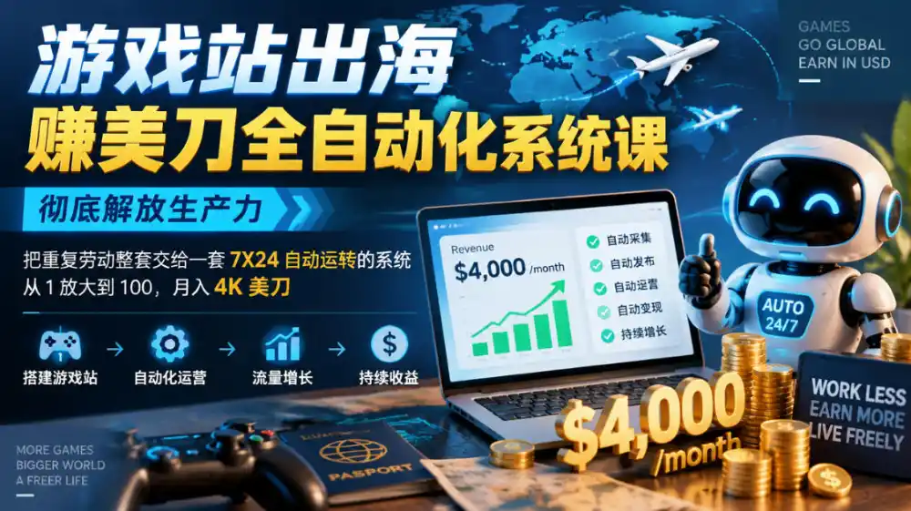 游戏站出海賺美刀全自动化系统课，彻底解放生产力–把重复劳动整套交给一套7X24自动运转的系统，从1放大到100，月入4K美刀-云途创业网