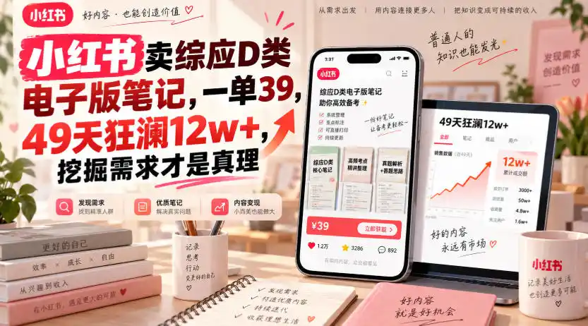小红书卖综应D类电子版笔记，一单39，49天狂澜12w+，挖掘需求才是真理-云途创业网