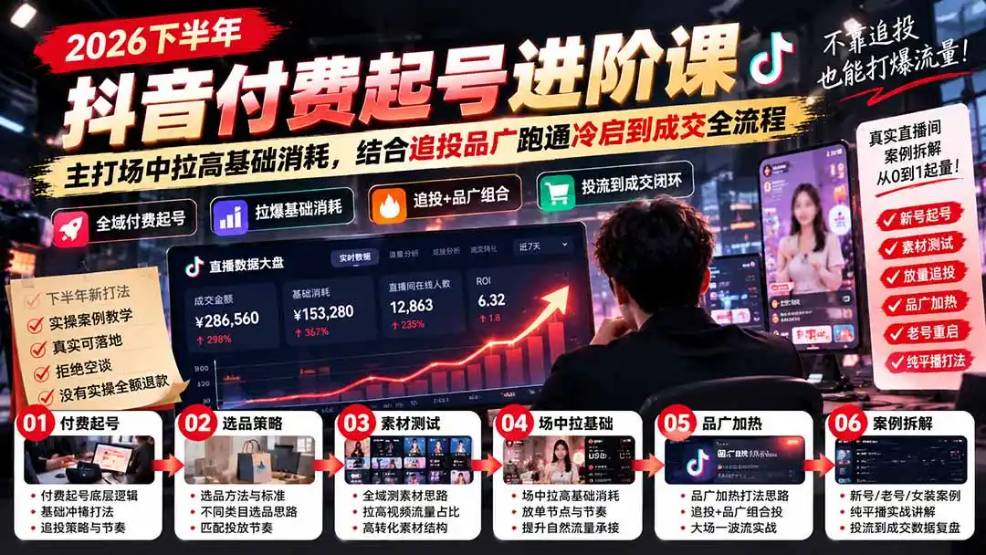 2026下半年抖音付费起号进阶课：主打场中拉高基础消耗，结合追投品广跑通冷启到成交全流程-云途创业网