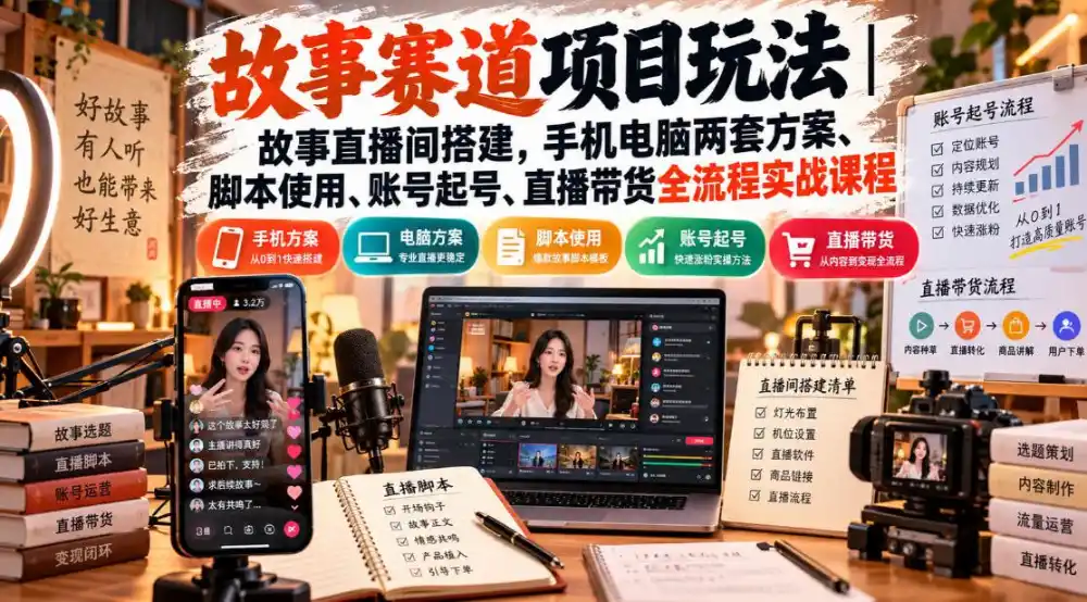 故事赛道项目玩法｜故事直播间搭建，手机电脑两套方案、脚本使用、账号起号、直播带货全流程实战课程-云途创业网
