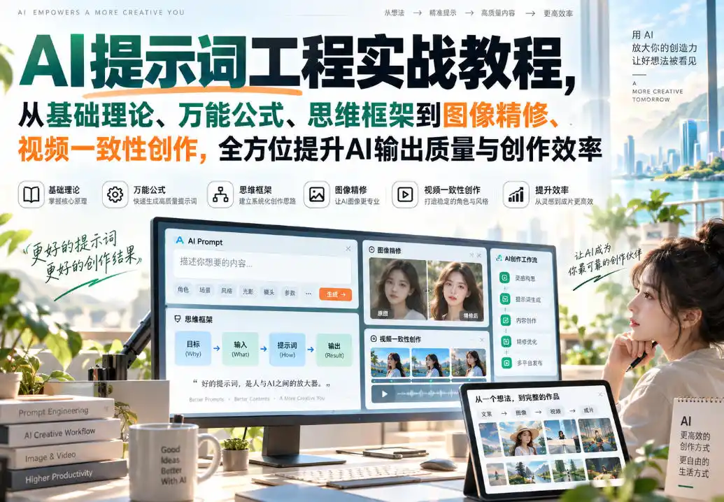 AI提示词工程实战教程，从基础理论、万能公式、思维框架到图像精修、视频一致性创作，全方位提升AI输出质量与创作效率-云途创业网