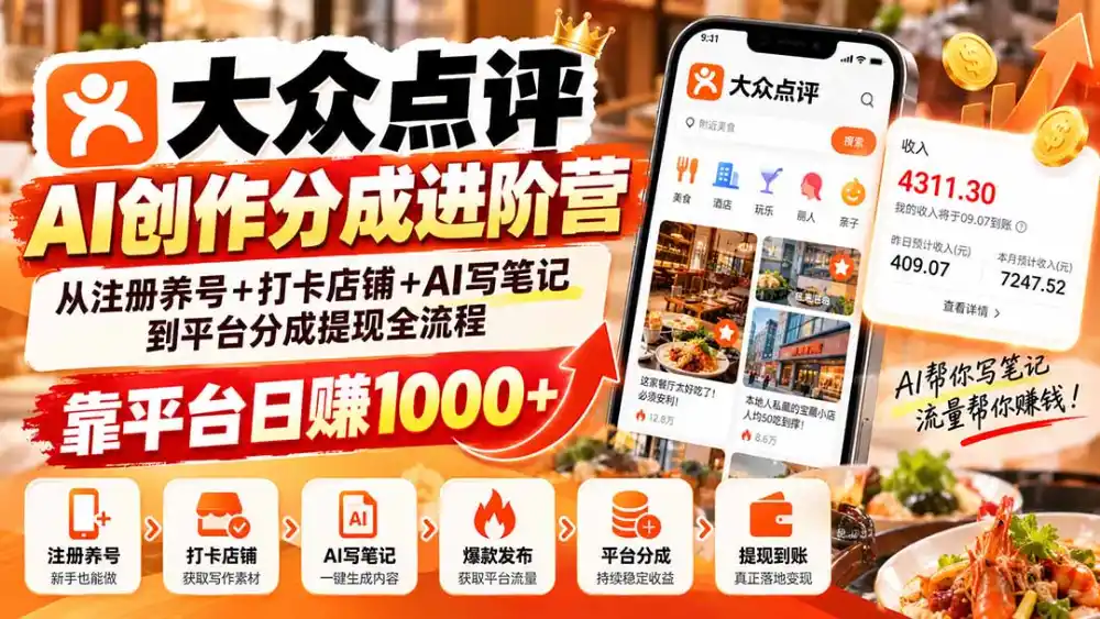 大众点评AI创作分成进阶营：从注册养号+打卡店铺+AI写笔记到平台分成提现全流程，靠平台日赚1000+-云途创业网