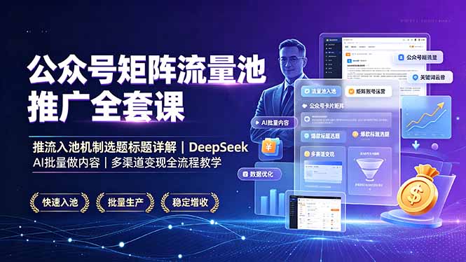 公众号矩阵流量池推广全套课,推流入池机制选题标题详解,DeepSeek AI批量做内容,多渠道变现全流程教学-云途创业网