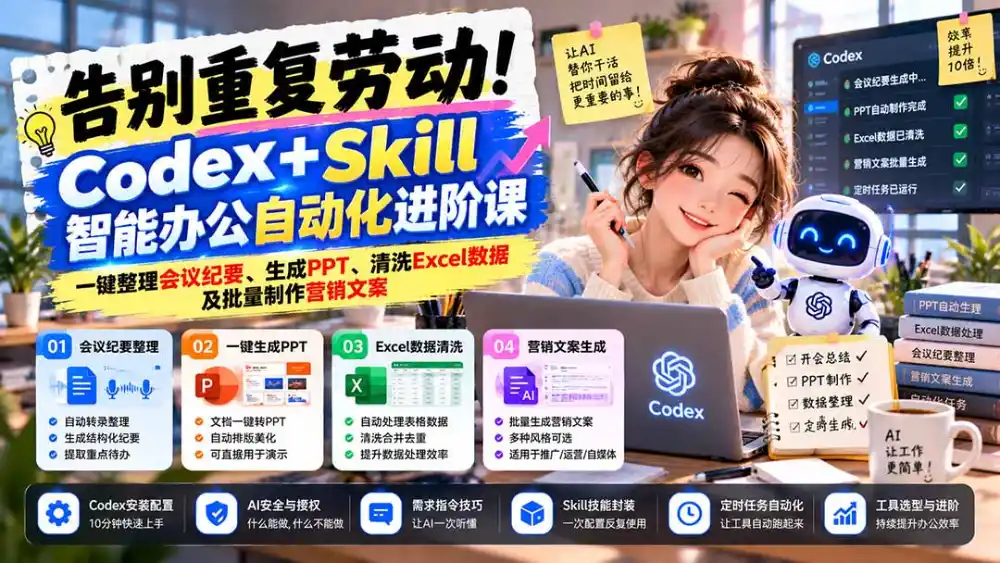 告别重复劳动！Codex+Skill智能办公自动化进阶课：一键整理会议纪要、生成PPT、清洗Excel数据及批量制作营销文案-云途创业网