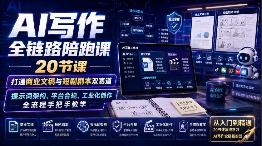 AI写作全链路陪跑课|20节课打通商业文稿与短剧剧本双赛道,提示词架构、平台合规、工业化创作全流程手把手教学-云途创业网