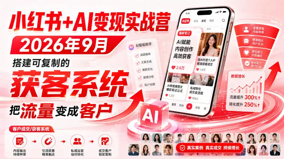 小红书+AI变现实战营2026年9月，搭建可复制的获客系统，把流量变成客户！-云途创业网