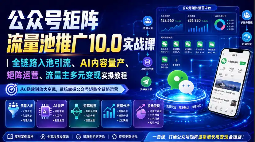 公众号矩阵流量池推广10.0实战课｜全链路入池引流、AI内容量产、矩阵运营、流量主多元变现实操教程-云途创业网