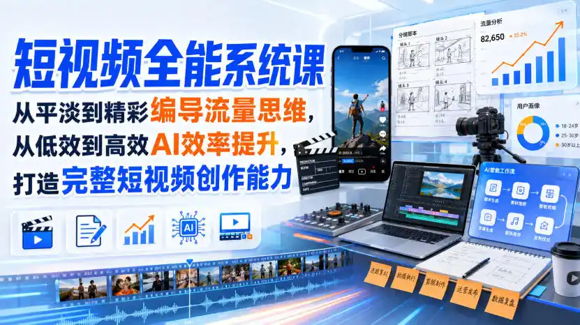短视频全能系统课，从平淡到精彩编导流量思维，从低效到高效AI效率提升，打造完整短视频创作能力(2026年8月30更新233集)-云途创业网