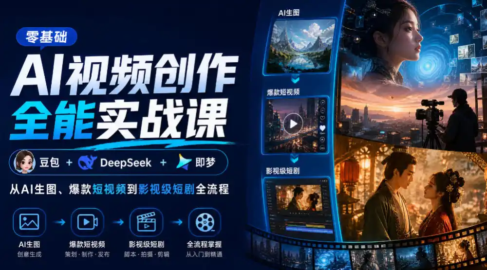 零基础AI视频创作全能实战课｜豆包+DeepSeek+即梦，从AI生图、爆款短视频到影视级短剧全流程-云途创业网