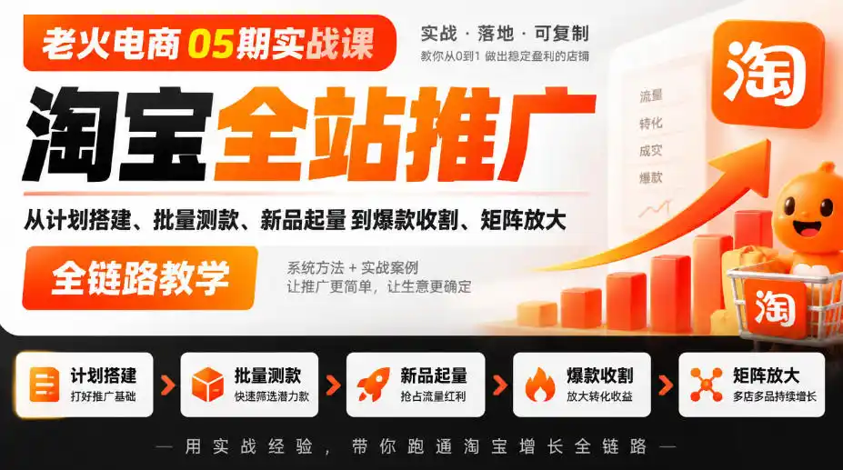 老火电商05期实战课｜淘宝全站推广从计划搭建、批量测款、新品起量到爆款收割、矩阵放大全链路教学-云途创业网