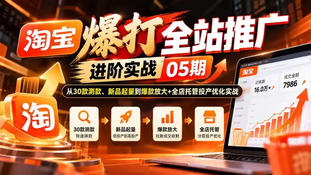 淘宝爆打全站推广进阶实战05期：从30款测款、新品起量到爆款放大+全店托管投产优化实战-云途创业网