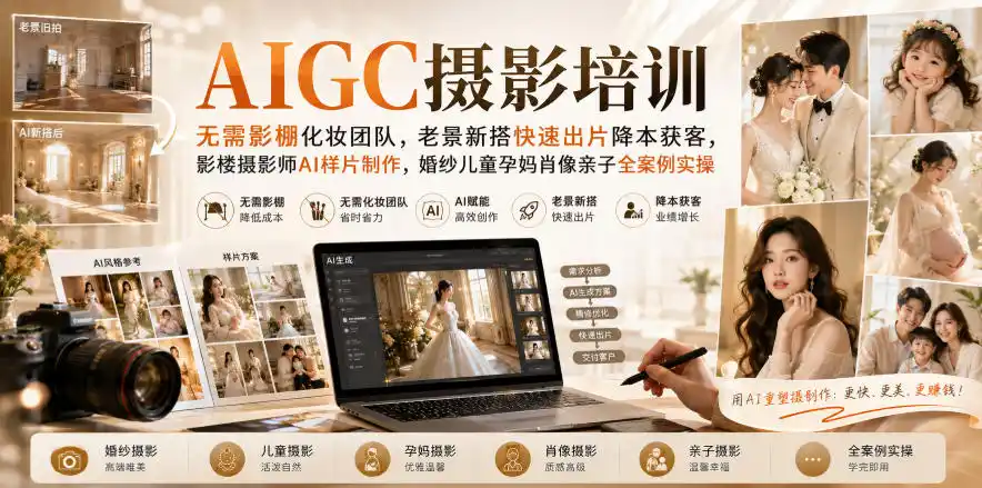 AIGC摄影培训｜无需影棚化妆团队，老景新搭快速出片降本获客，影楼摄影师AI样片制作，婚纱儿童孕妈肖像亲子全案例实操-云途创业网