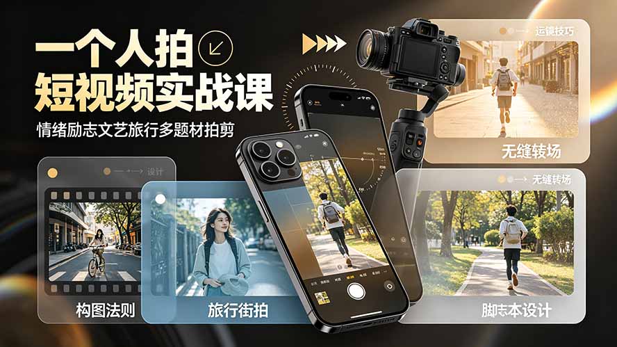 一个人拍短视频实战课：情绪励志文艺旅行多题材×五大景别×黄金构图×八大运镜，从拍摄到成片高效创作-云途创业网