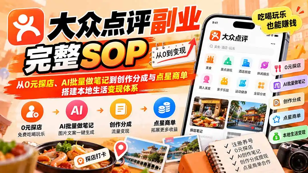 【无水印】大众点评副业完整SOP：从0元探店、AI批量做笔记到创作分成与点星商单，搭建本地生活变现体系-云途创业网