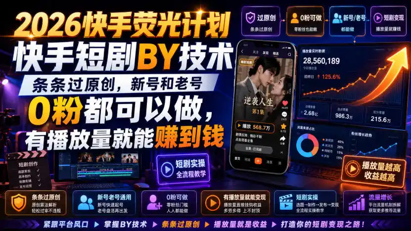 2026快手荧光计划，快手短剧搬运技术，条条过原创，新号和老号0粉都可以做，有播放量就能賺到钱-云途创业网